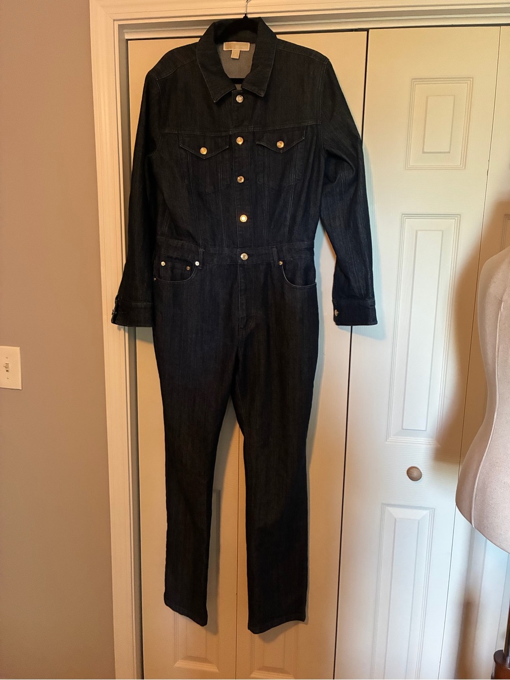 Michael Kors Dark Indigo Denim Jumpsuit with Gold Buttons and MK Emblem